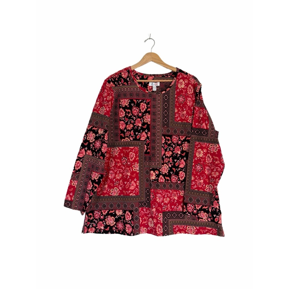 Denim & Co Cotton Top 1X Red Patchwork Floral Long Sleeve Crew Neck Blouse